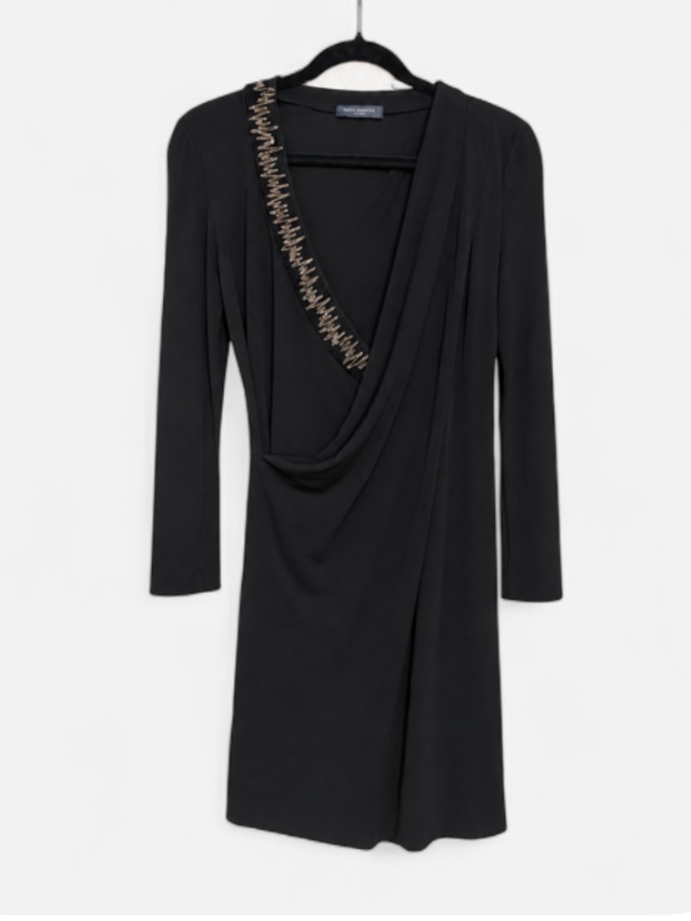 Piazza Sempione Black Long-Sleeve Draped Dress with Embellished Trim